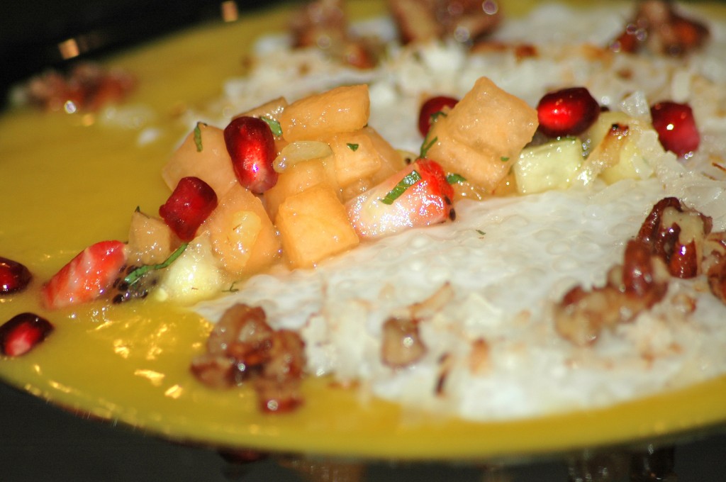 Coconut tapioca with mango soup, Fresh fruit and mint salad and caramelized pecans