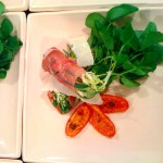 Frisee and Green Beans Salad Rolled in Proscuitto, Roasted Tomatoes, Watercress and Shaved Parmesan