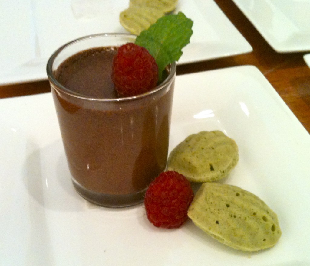Mint chocolate mousse with matcha ginger madeleines